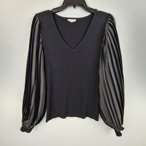 The General Good Womens Knit Sweater Top Long Pleated Sleeve Blouse Medium Black